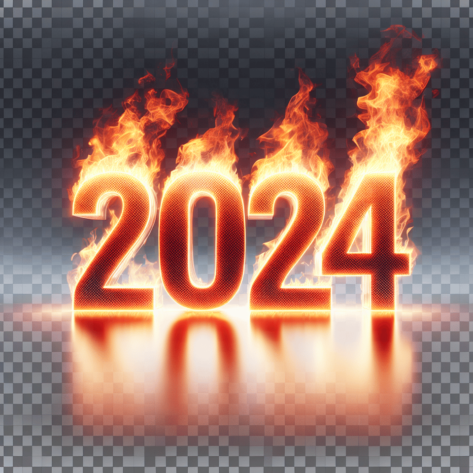 text 2024 year  lettering made from bright fire flames on transparent on white background, 3d render text effect image