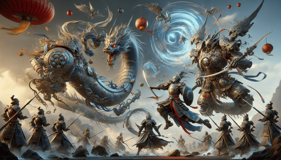 a battle scene of a chinese xianxia style Gundam and xianxia style Iron Man, with magic, dragon, flying weapons, cinematic text effect image