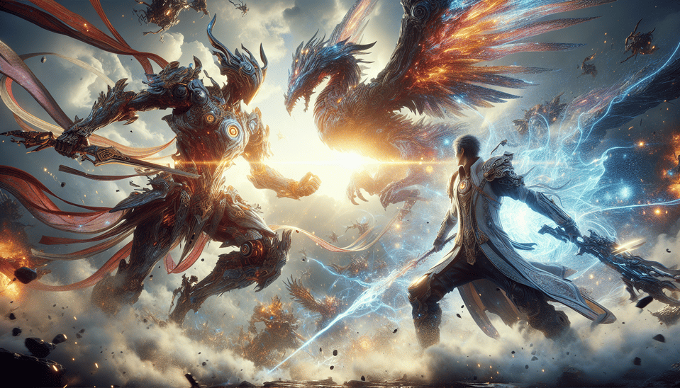 a battle scene of a chinese xianxia style Gundam and xianxia style Iron Man, with magic, dragon, flying weapons, cinematic text effect image