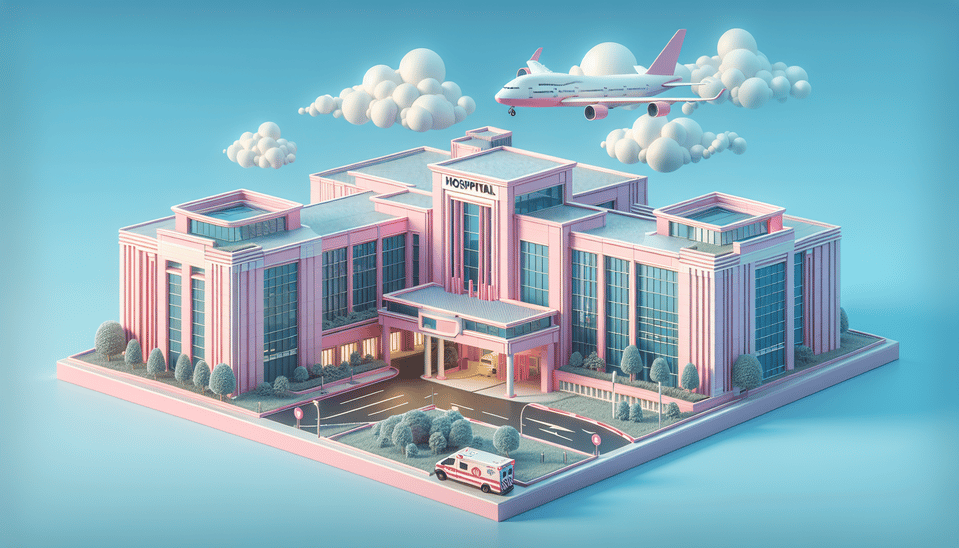 A stylized, three-dimensional illustration of a pink hospital building. The hospital has large windows, an entrance with pillars, large glass facade, and symmetrical wings with lots of windows and lianas and modern tile acuminated roof. In front of the building is an ambulance with its lights on and 'HOSPITAL' written above it. There are two trees on either side of the hospital entrance. In the background, there's an airplane flying in the sky among clouds., 3d render text effect image