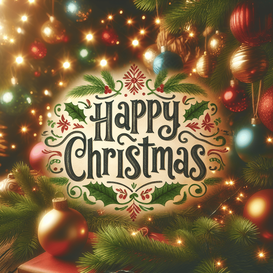 Text「Happy Christmas」with Christmas tree background, typography text effect image