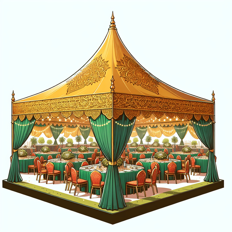 come out with a malaysian style of event tent high top.,skirting with gold and green colour. top of canopy is gold colour.,with table clothes of green colour and with red colour chair. text effect image