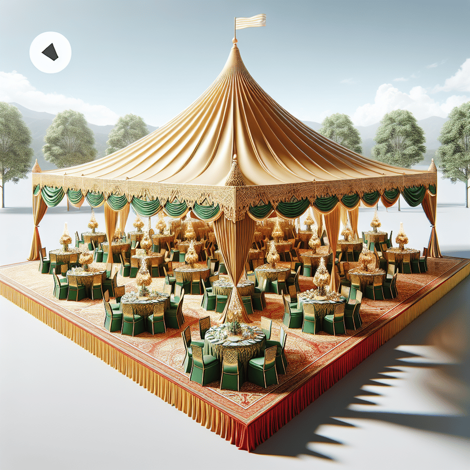 come out with a malaysia style of event tent high top.,skirting with gold and green colour. top of canopy is gold colour.,with table clothes of green colour and with red colour chair. normal no design fancy art. text effect image