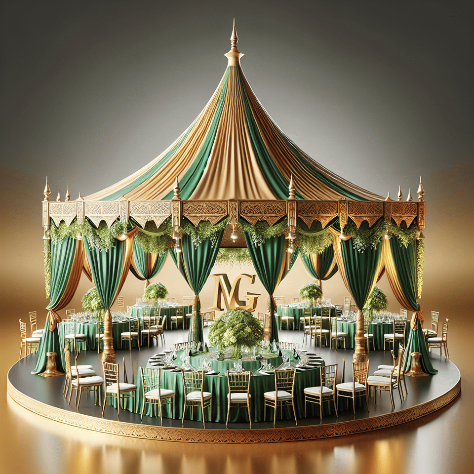 come out with a malaysia style of event tent high top.,skirting with gold and green colour. top of canopy is gold colour.,with table clothes of  green colour and with red colour chair. normal no design fancy art. text effect image