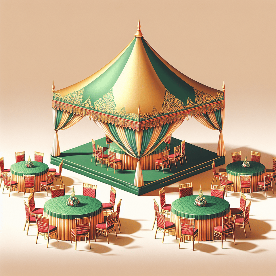 come out with a malaysia style of event tent high top. skirting with gold and green colour. top of canopy is gold colour. with table clothes of green colour and with normal event red colour chair no masking. normal no design fancy art. text effect image