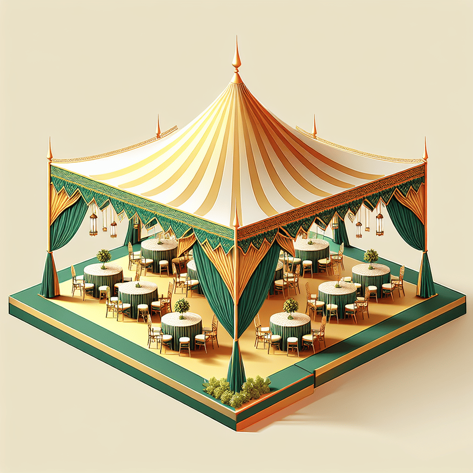 come out with a malaysia style of event tent high top. skirting with gold and green colour. top of canopy is gold colour. with table clothes of green colour and with normal event red colour event hair chair no masking ribbon on it. just a simple Raya Open house company organiser event normal no design fancy art. text effect image
