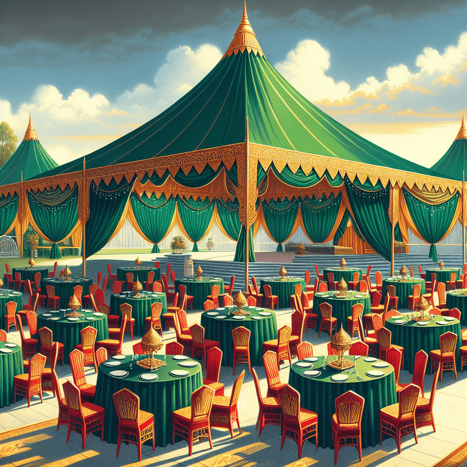 come out with a malaysia style of event tent high top. skirting with gold and green colour. top of canopy is gold colour. with table clothes of green colour and with normal event red colour event hair chair no masking ribbon on it. just a simple Raya Open house company organiser event normal no design fancy art. zoom in image dont make it too fancy, a normal will do simple text effect image