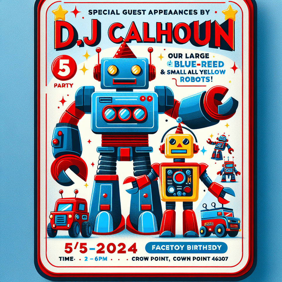 I'm looking for a creative and skilled graphic designer to create a compelling and engaging Facebook event cover photo for my son's upcoming birthday party. The party has a 'Transformers' theme, with a preference for Optimus Prime and Bumblebee as the main characters.,,Special guest appearances by Bumblebee and Optimus Prime!,,DJ Calhoun's 5th Birthday!,,PARTY DATE: 5/5/2024,TIME: 2-6pm,LOCATION - 5430 Rudd Ct. Crown Point, IN 46307,,,Key Requirements:,- Incorporation of Optimus Prime and Bumblebee: The design must prominently feature these two popular Transformers characters.,- Attention to Colors: I'd like the primary color of the cover photo to be red, to tie in with the Transformer theme. text effect image