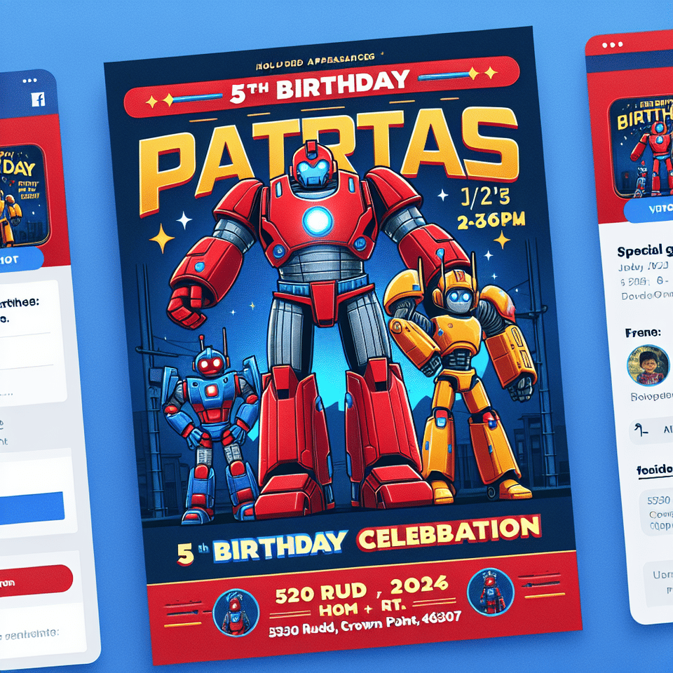 I'm looking for a creative and skilled graphic designer to create a compelling and engaging Facebook event cover photo for my son's upcoming birthday party. The party has a 'Transformers' theme, with a preference for Optimus Prime and Bumblebee as the main characters.,,Special guest appearances by Bumblebee and Optimus Prime!,,DJ Calhoun's 5th Birthday!,,PARTY DATE: 5/5/2024,TIME: 2-6pm,LOCATION - 5430 Rudd Ct. Crown Point, IN 46307,,,Key Requirements:,- Incorporation of Optimus Prime and Bumblebee: The design must prominently feature these two popular Transformers characters.,- Attention to Colors: I'd like the primary color of the cover photo to be red, to tie in with the Transformer theme. text effect image