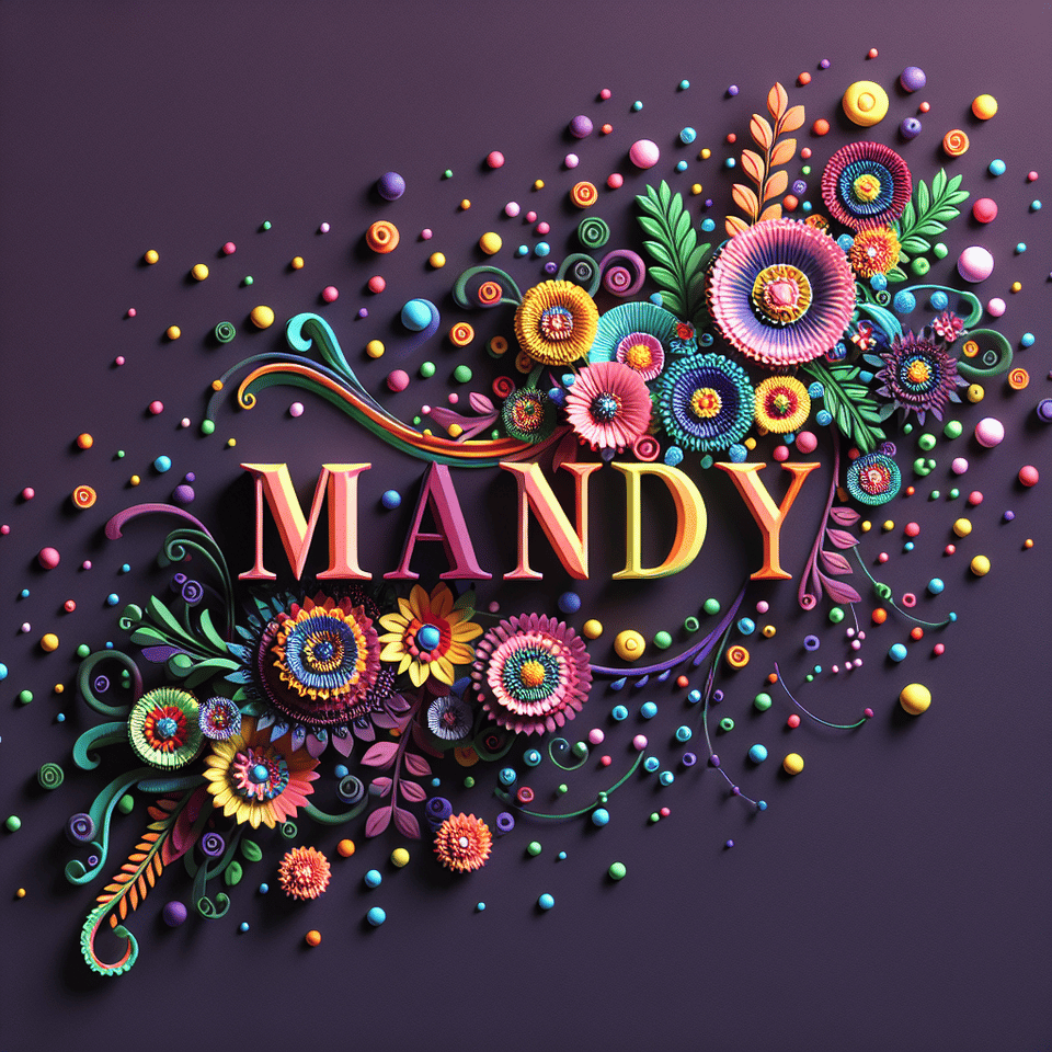 背景上寫著名字“Mandy”,3D 油漆的小色彩點綴以及五顏六色的花朵和黑紫色背景 text effect image