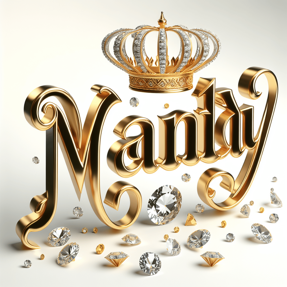 文字「MANDY時尚」金色豪華文字效果,白色背景上有皇冠和鑽石,, illustration, 3d render text effect image