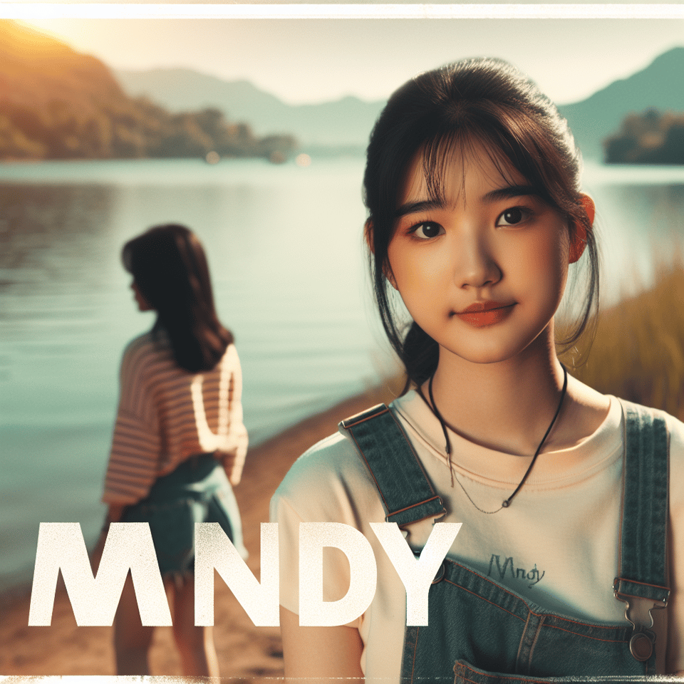 在湖邊景色背景,人物MADNY天真瀾漫的女生,文字MANDY時尚,, photo, cinematic, poster text effect image