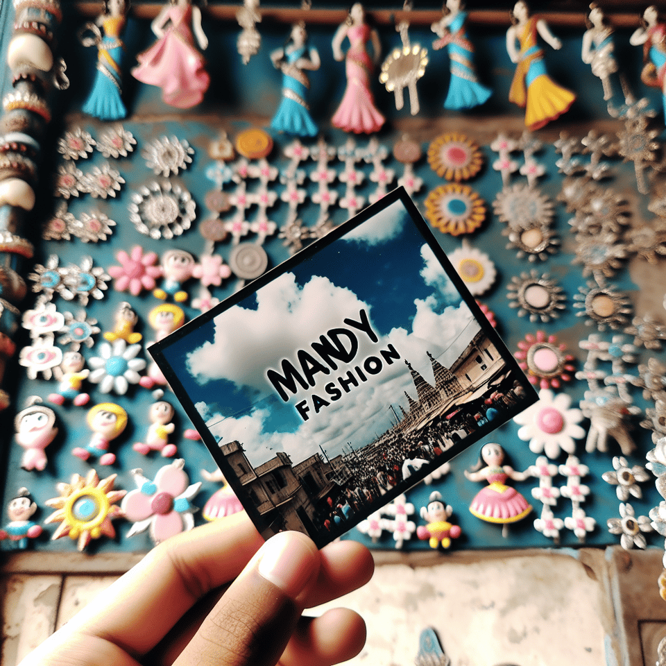 背景上寫著名字“MANDY 時尚”,藍天白雲的背景,有著各式卡通擺飾,, photo text effect image