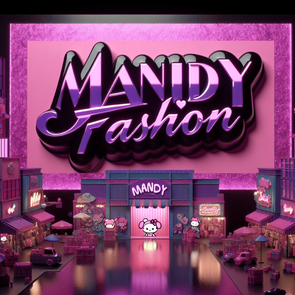 粉色繽紛背景上紫黑色寫著名字“MANDY 時尚”,市集中的攤位有三麗鷗的相關飾品,, cinematic, 3d render text effect image