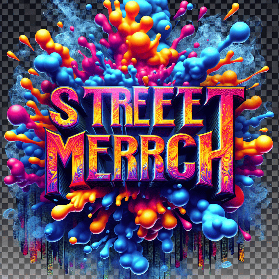 Text streetmerch colorful splash 3d text and smoky transparent background, Realistic detailed view. text effect image