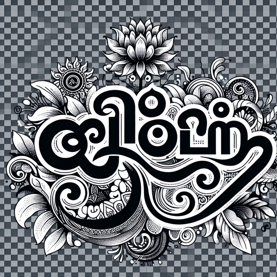 Malayalam Text BLOOM with Indian ornamental elements around, lean design, transparent background text effect image