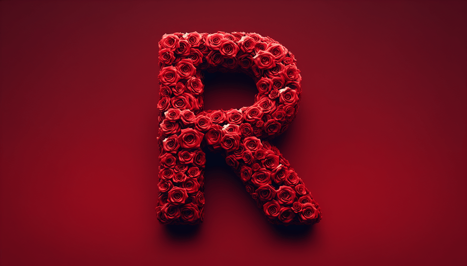 The letter Renuka  Rose effect, red colour, cinematic text effect image