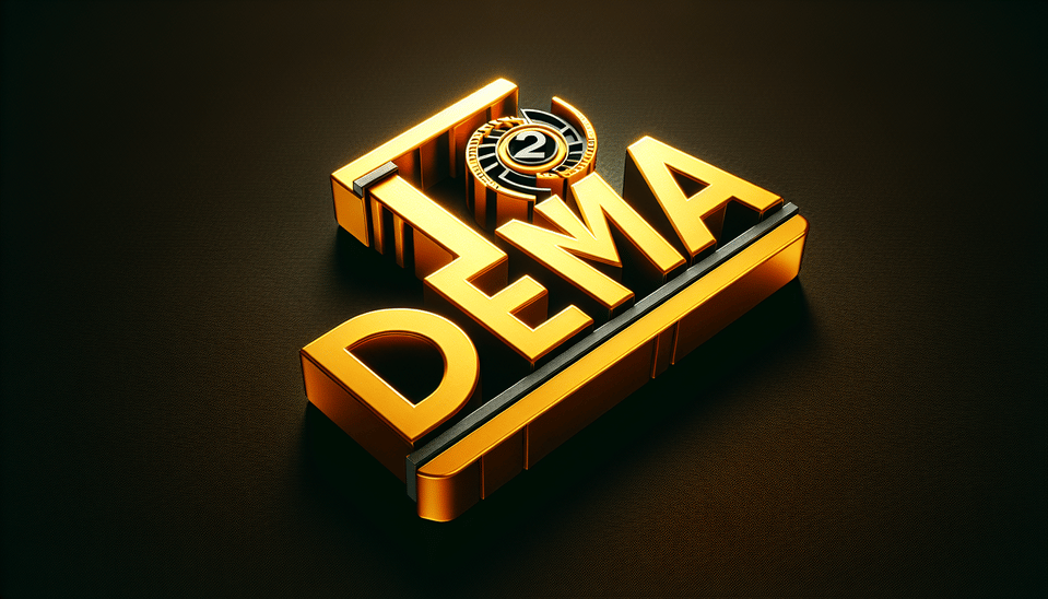 Logo with DEMA2 , gold , black background, 3D, 3d render, cinematic, illustration, vibrant text effect image