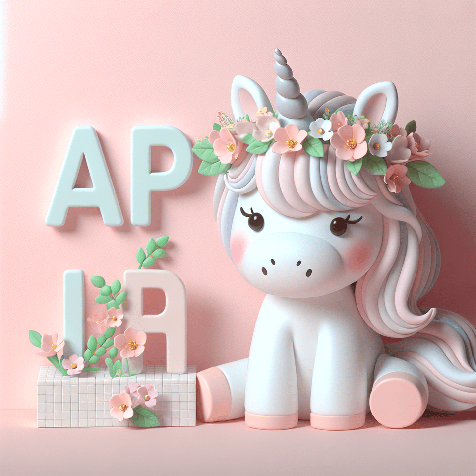3D 柔和色彩帶有文字「四月」和戴著花卉頭飾的可愛獨角獸。 text effect image