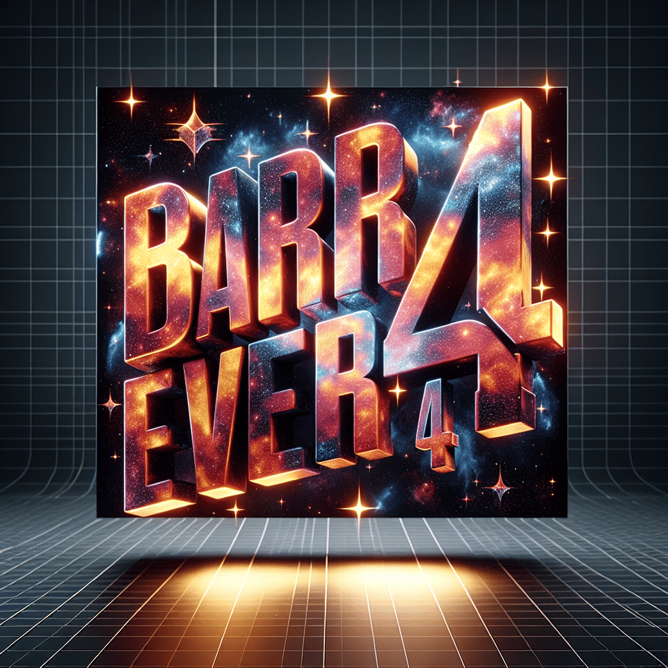 A stunning 3D render of the text BARCELONA4EVER floating in space, with a transparent background that allows the stars and galaxies to shine through. The letters are bold and vibrant, with a futuristic design. The cinematic quality of the image is accentuated by the addition of a high-quality light flare, creating an immersive and otherworldly atmosphere., cinematic, 3d render, cinematic, 3d render text effect image