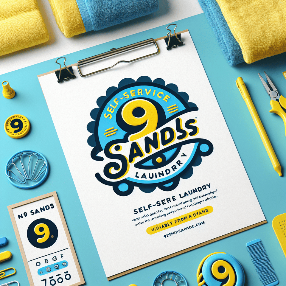 create a logo for my self-service laundry business, 9 Sands.,,The logo should:,- Reflect a clean and fresh look, in line with the laundry business,- Incorporate '9 Sands' within the design and only '9 sands'. That means no use of any other words including 'laundry' or 'self service',- Utilize a color scheme of yellow and blue,- '9' Will be in the color Bright Yellow. 'Sands' or 'SANDS' in the color blue,,I'm open to suggestions and ideas, so feel free to get creative! The design should catch the eye of customers from a distance, yet feels warm and fun. Any fonts are fine. Fat. Thin. Skinny. Quirky. As long as customers get a welcoming feeling.,,Ideal Skills:,- Graphic Design,- Logo Design,- Branding,- Color Theory,- Creative Thinking,,Please include samples of your previous works when applying. text effect image