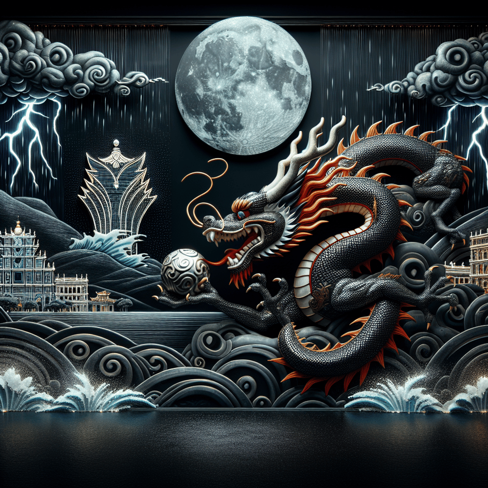 中國龍追龍珠、黑夜、雷、雨、冰雹、澳門, photo text effect image