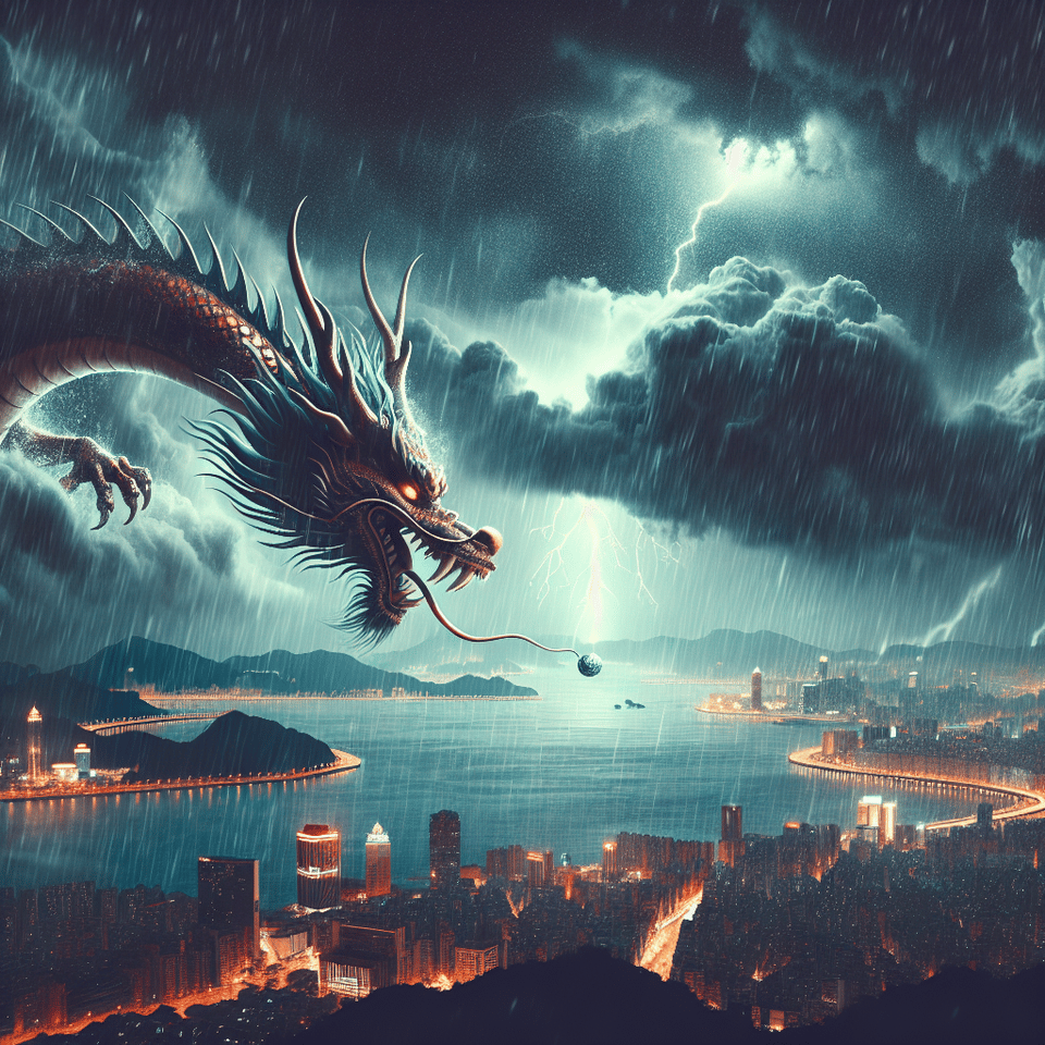中國龍追龍珠、黑夜、雷、雨、冰雹、澳門, cinematic text effect image