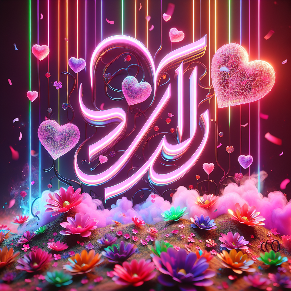 Name خالد written on the background, small colorful touches of 3D paint and with colorful flowers and pink and purple smoke included. Everything in front with hearts in neon, 3D rendering, 3k, 3d render text effect image