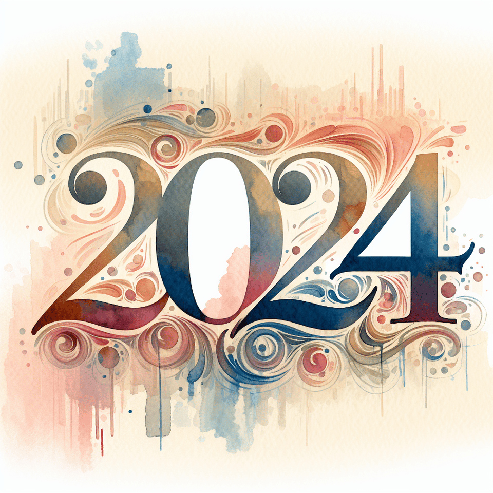 watercolor art style text 2024 font,on white background ODISEO, typography text effect image
