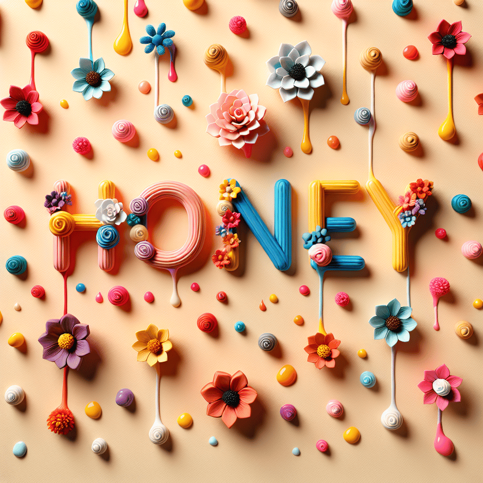 Name Honey written on the background, small colorful touches of 3D paint and with colorful flowers and pink text effect image