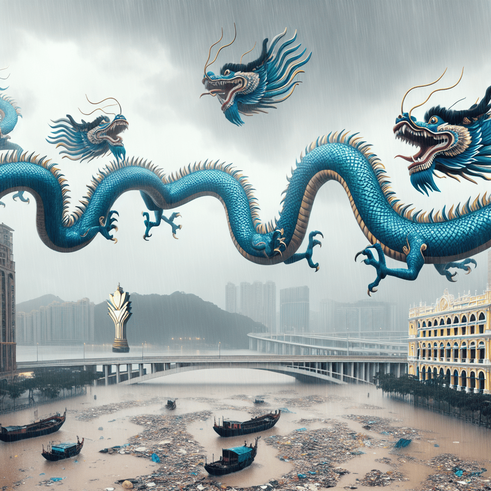 四條中國青龍在澳門上空追逐、暴雨、水浸 text effect image