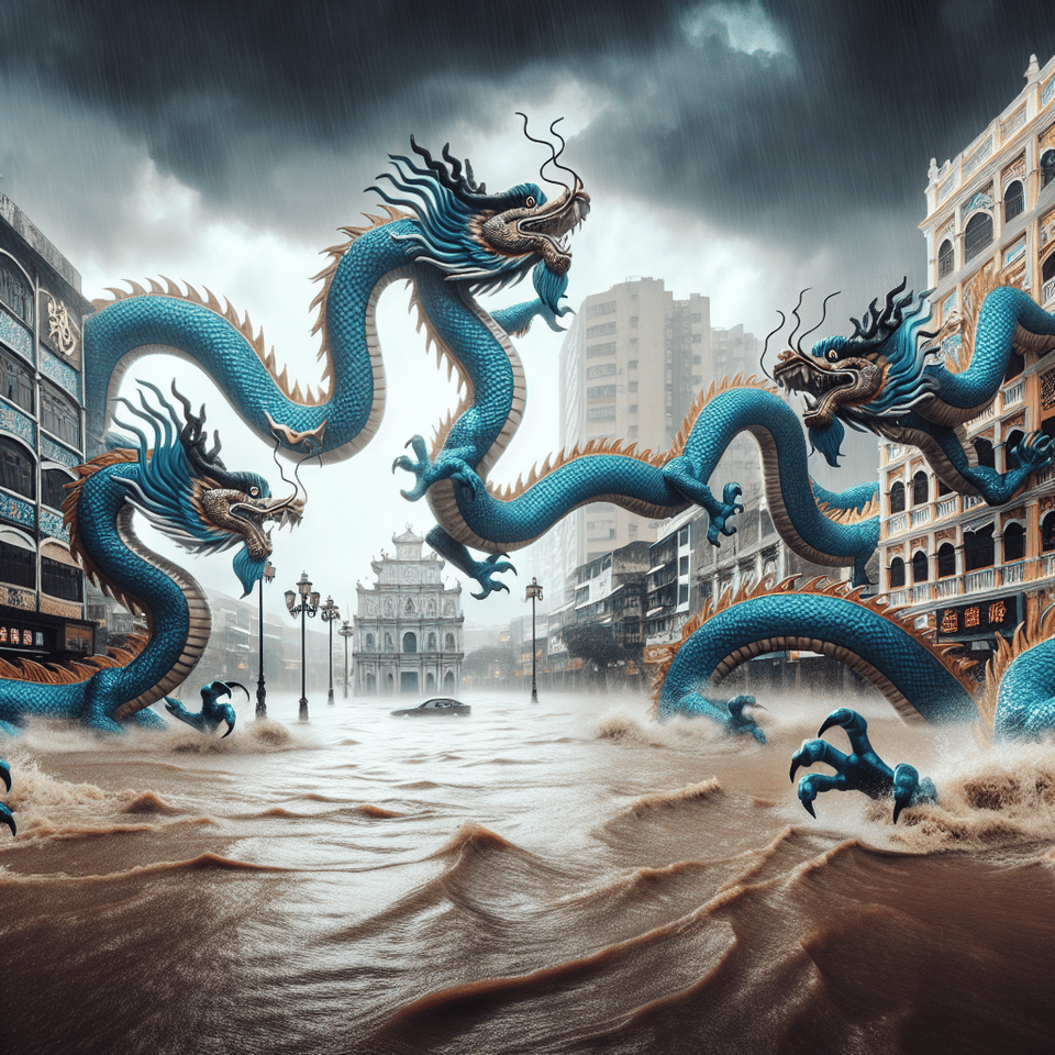 四條中國青龍在澳門上空追逐、暴雨、水浸 text effect image