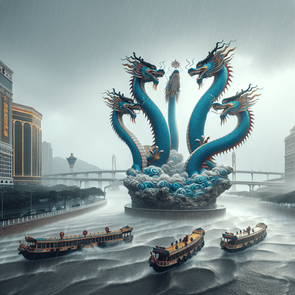 四條中國青龍在澳門上空追逐、暴雨、水浸 text effect image