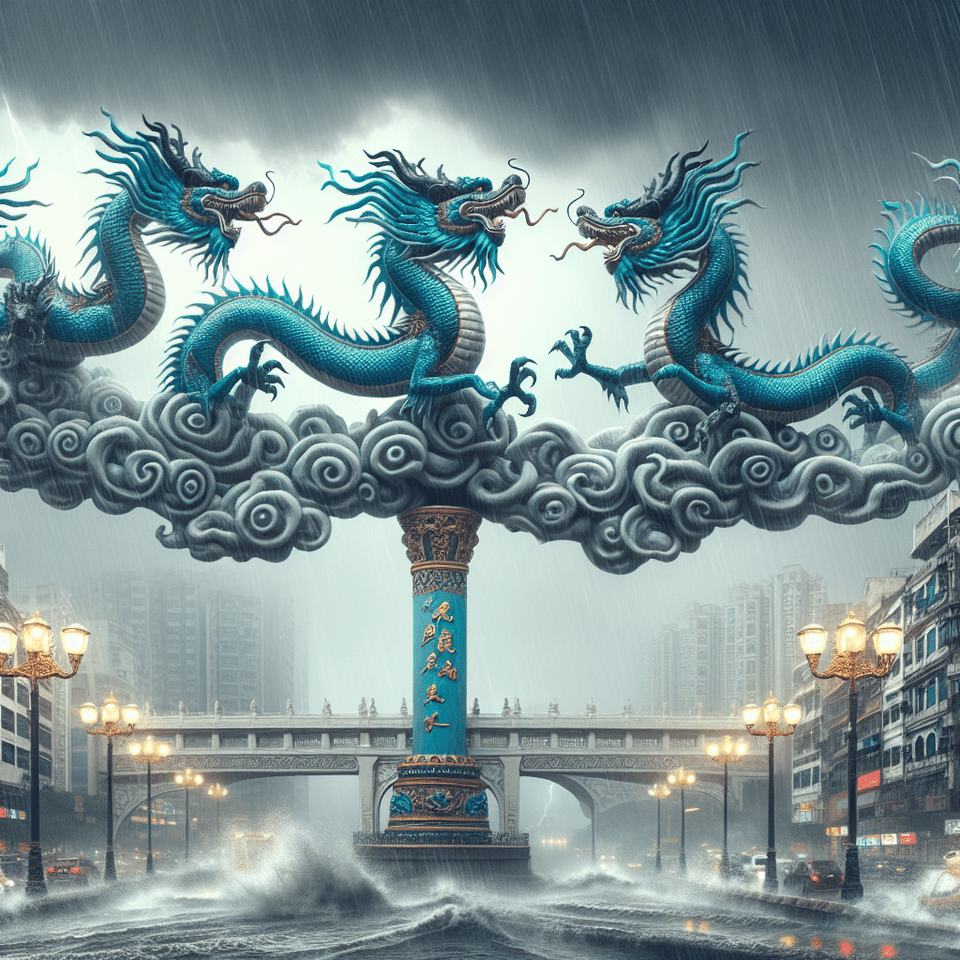 四條中國青龍在澳門上空追逐、暴雨、水浸 text effect image