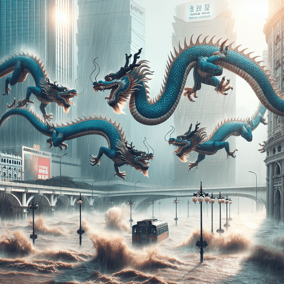 四條中國青龍在澳門上空追逐、暴雨、水浸 text effect image