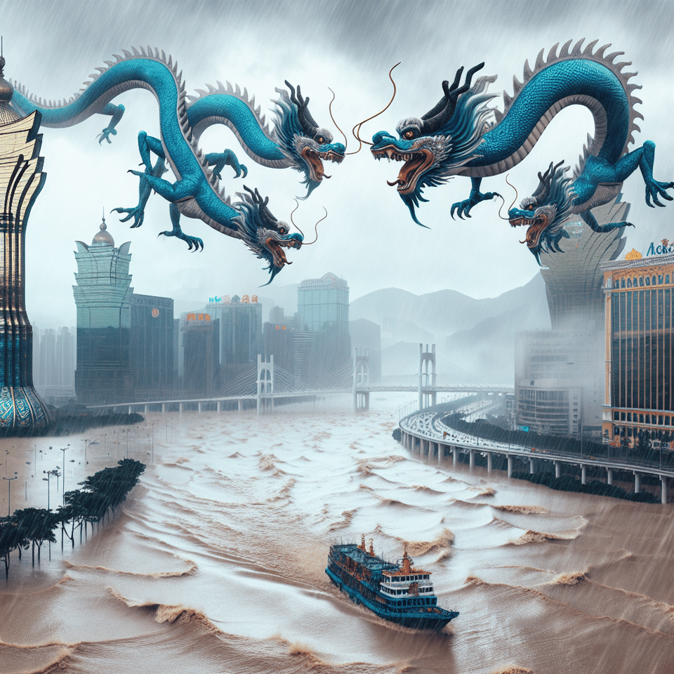 四條中國青龍在澳門上空追逐、暴雨、水浸 text effect image