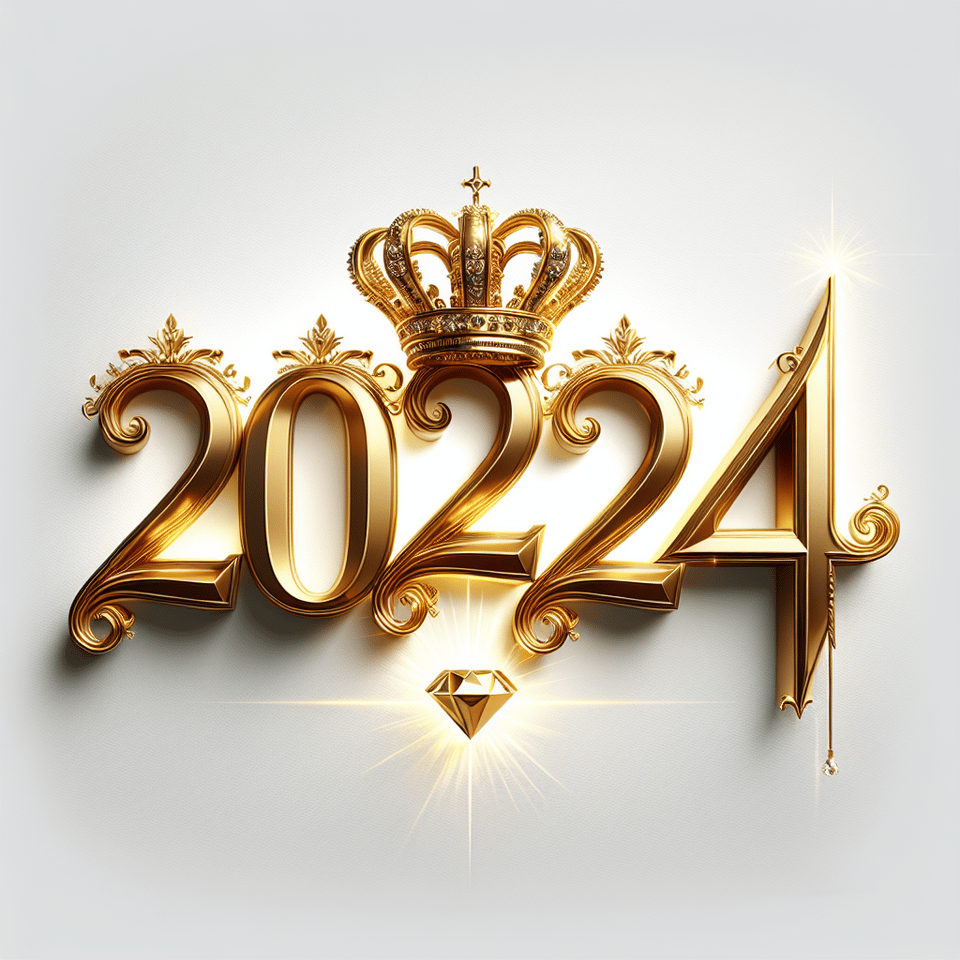 text 2024 golden luxury text effect with crown and diamond on white background text effect image