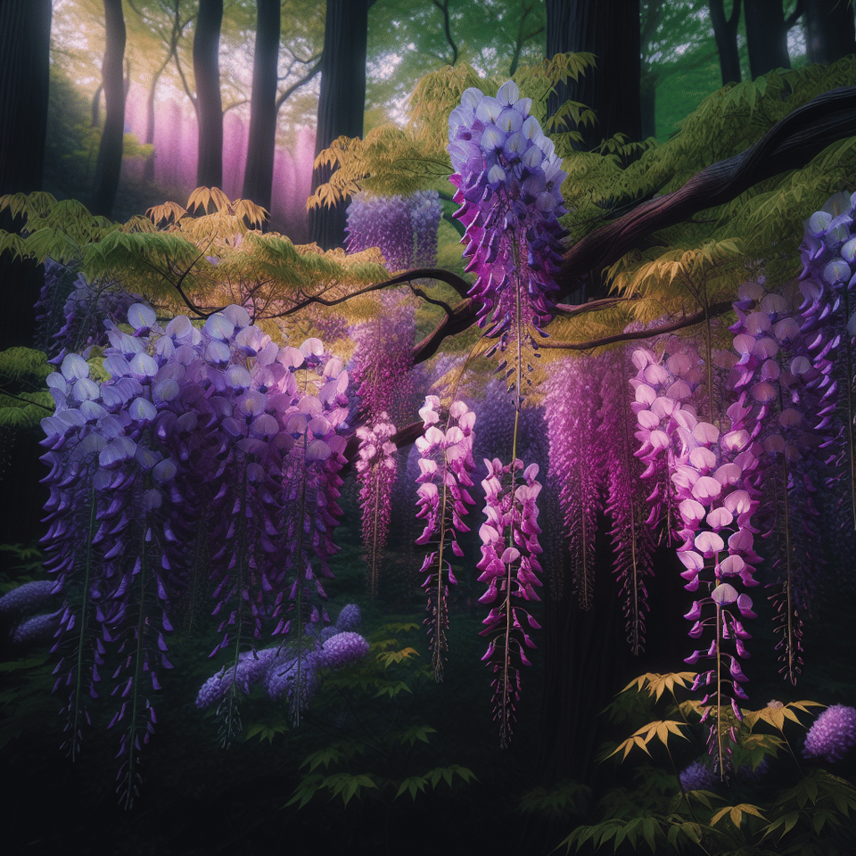 葛藤花開紫色粉色,攀附山林裡的植被上 text effect image