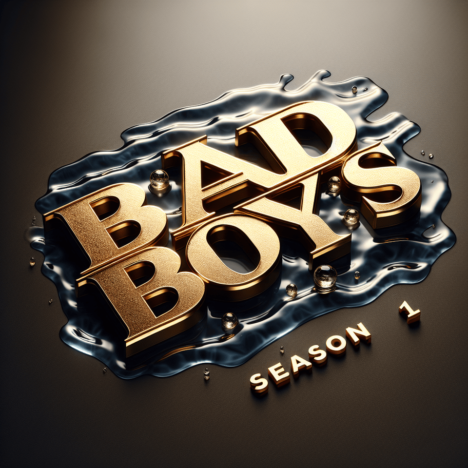 Realistic rich gold text “bad boys season 1” realistic graphic water text effect image