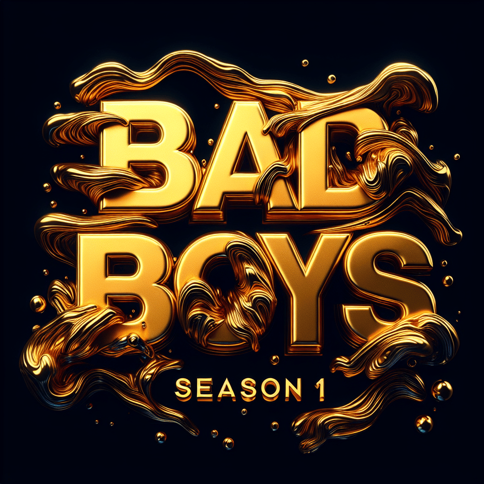 Realistic rich gold text “bad boys season 1” realistic graphic water pmg text effect image