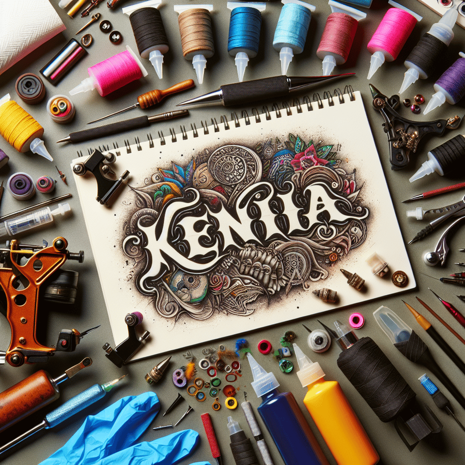 text Kenia surrounded by tattoo stuff and ink text effect image