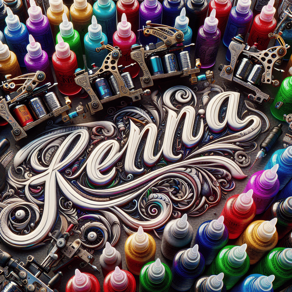 text Kenia surrounded by tattoo machines and tattoo inks text effect image