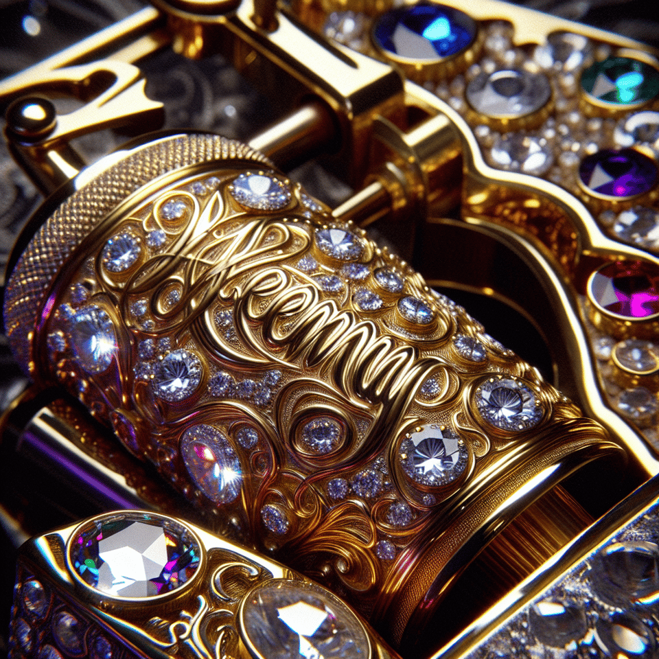 text Kenia engraved in a tattoo machine made of gold with encrusted diamonds and precious stones text effect image