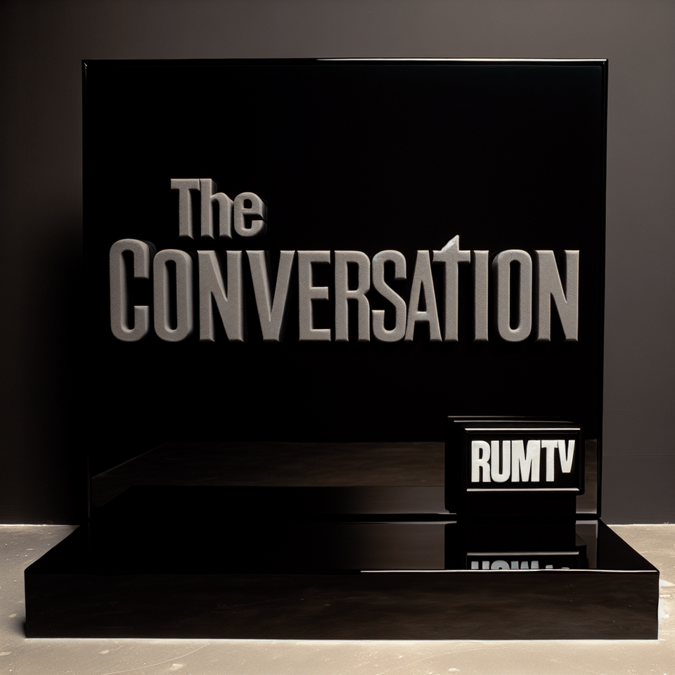 Black shiny background with realistic black text “the conversation” with a small black realistic text under it “rumtv text effect image