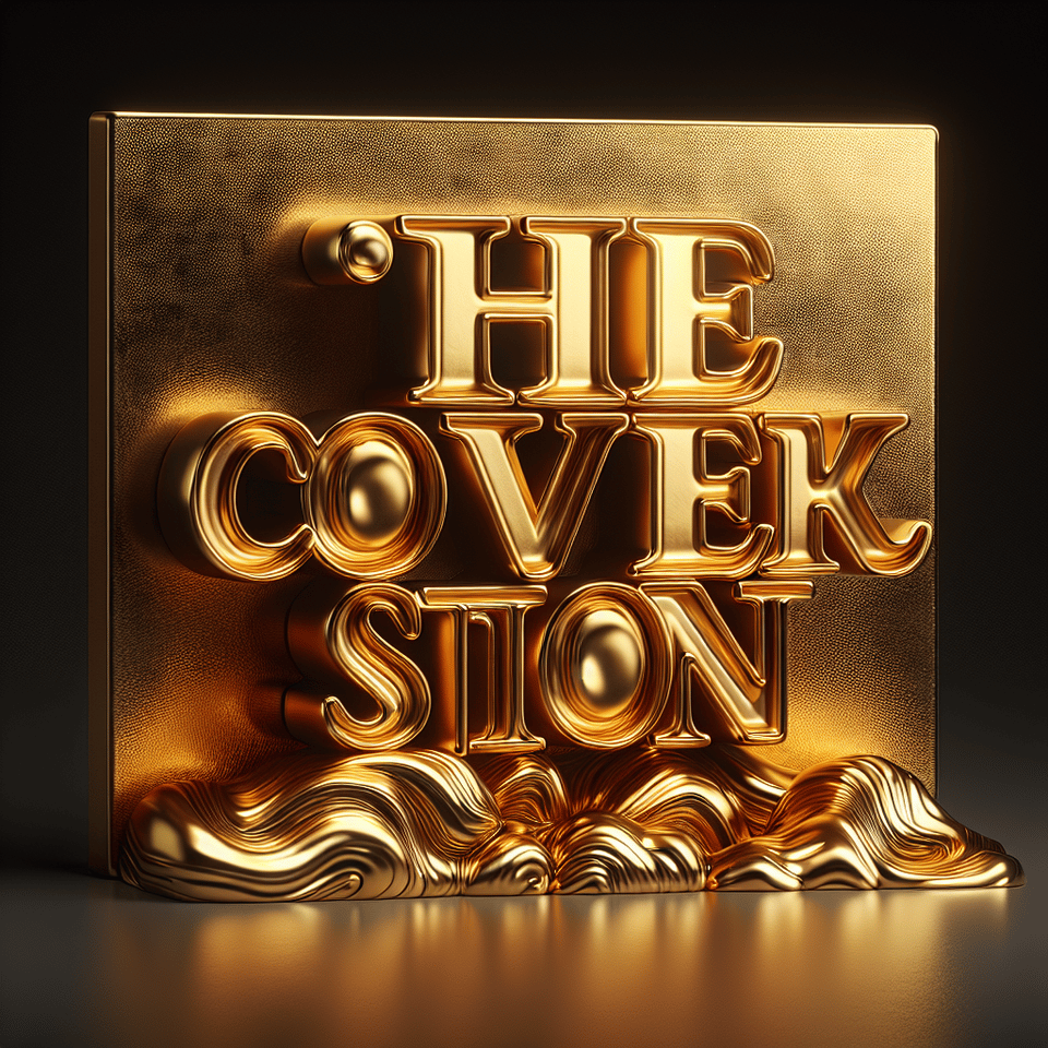 Gold shiny background with realistic gold text “the conversation” with a small gold realistic text under it “rumtv text effect image