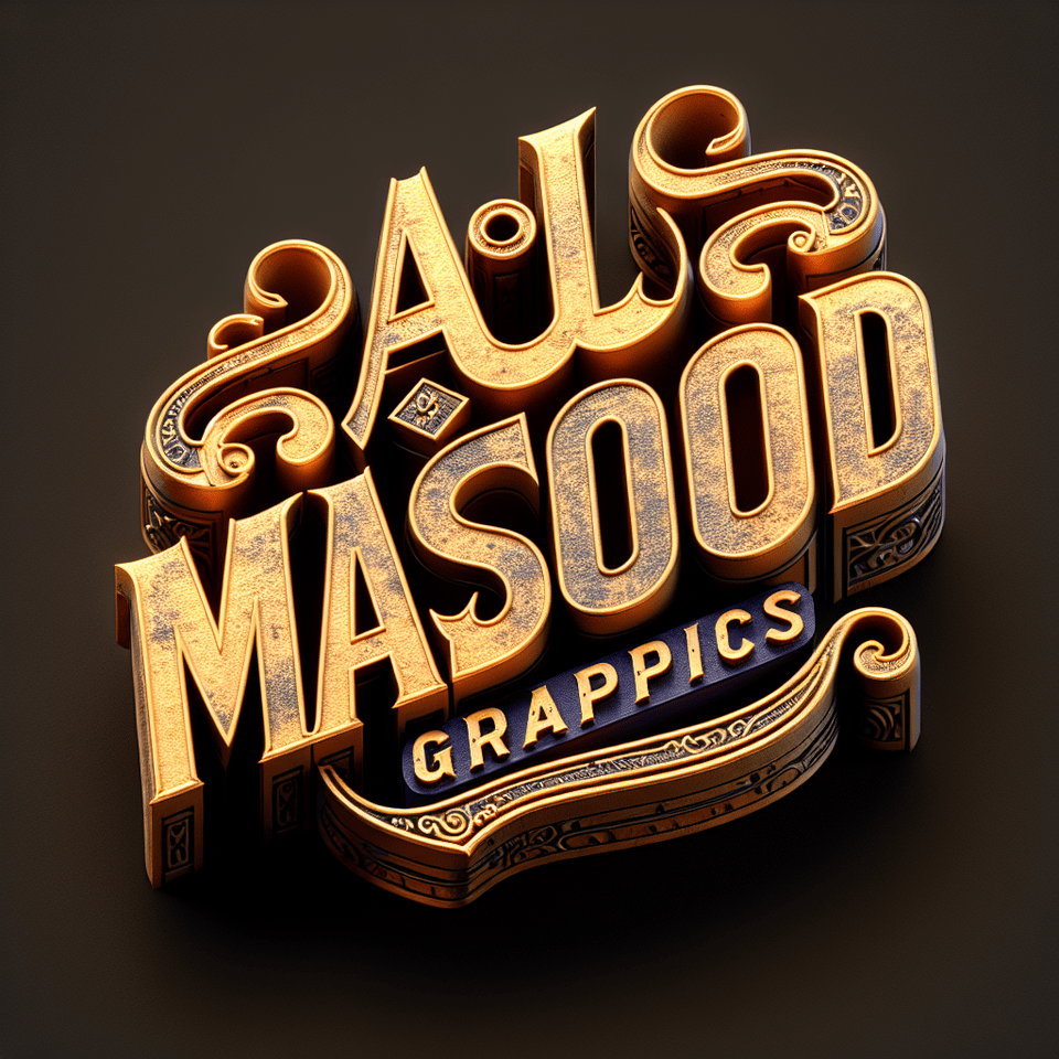 Text AL MASOOD GRAPHICS 3d text with gold shine vintage texture and font without any background text effect image