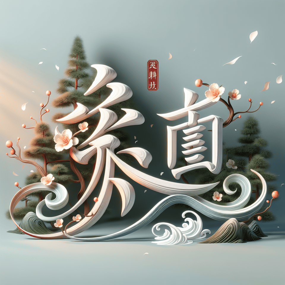 「鑲釀」的中文文字,呈現抒情輕柔書法森林系, illustration, 3d render text effect image