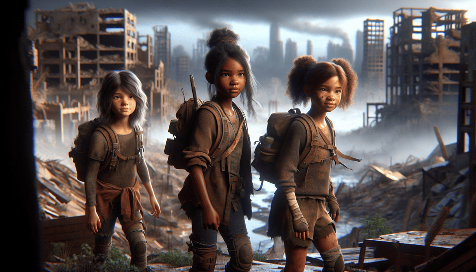 Fallout 3 donde las protagonistas son 3 niñas pequeñas., 3d render, photo text effect image