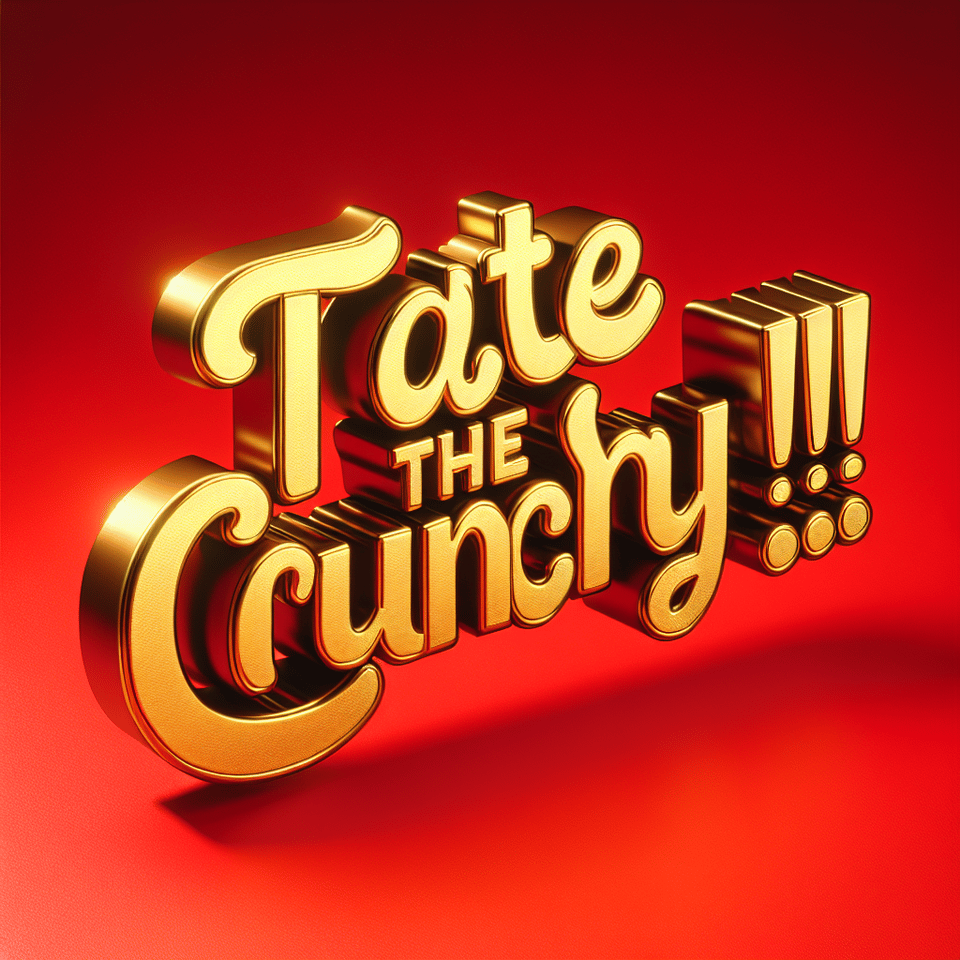 Generate a gold text effect for the word  Taste the Crunchy!!! Let it pop in a red background , 3d render, typography text effect image