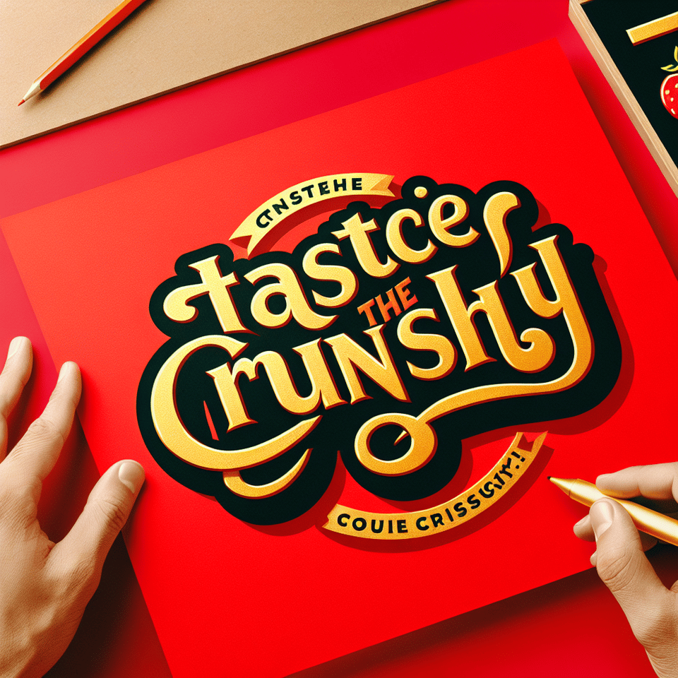 Generate a gold text effect for the word Taste the Crunchy!!! Let it pop in a red background let the words be correctly spelt, typography text effect image
